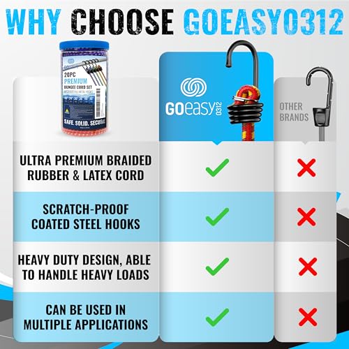 GOEASY0312 Premium Bungee Cords Heavy Duty, Multi-Color | 20 pcs with Hooks, Storage Jar Included, 10", 18", 24", 30", 36", 48" Bundle