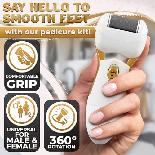 Electric Callus Remover for Feet – Electric Foot Filer with 3 Replacement Rollers & 360° Rotating Head – Hard Skin Remover for Feet with Ergonomic Handle for Easy Grip & Control in Home Pedicure - color: Gold Callus Remover
