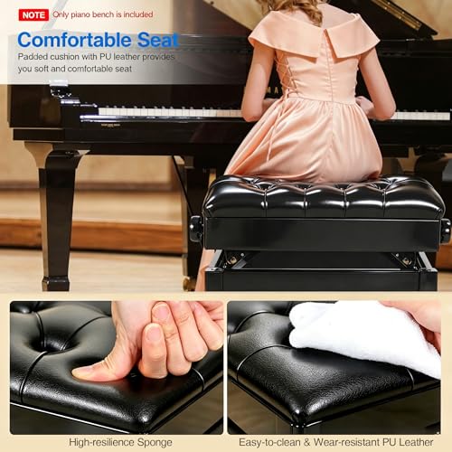 Adjustable Piano Bench with Storage, Glossy PU Leather Keyboard Stool, Heavy Duty Solid Birch Wood, Height Adjustable 19.7‑22.8”, for Home Practice & Studio, Black - color: Black Glossy