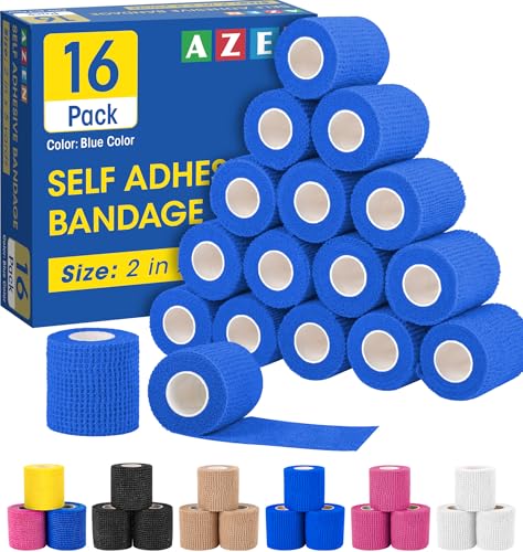 AZEN 16 Pack Self Adhesive Bandage Wrap Pink, 2" X 5 Yards Elastic Cohesive Bandage Wrap, Athletic Tape, Vet Wrap, Ankle Tape, Tattoo Grip Tape Wrap (Blue) - color: Blue, size: 2 Inch