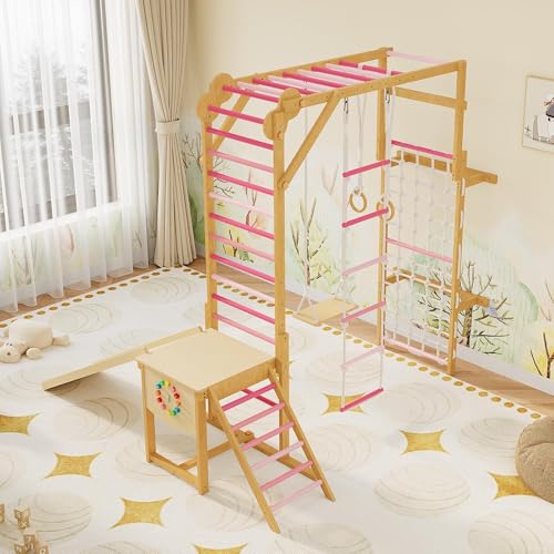 PeakPursuit 8-in-1 Indoor Jungle Gym for Kids Ages 3-10 – Wooden Climbing Structure with Slide, Swing, Monkey Bars, Gymnastic Rings, Climbing Rope – Indoor Playground Toy – Natural Wood Color