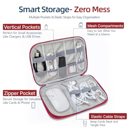 Cord Organizer Travel Case, Cable Organizer Bag for Chargers, USB Cables, Power Bank & Electronics Accessories, Portable Tech Organizer Pouch with Mesh Pockets, Water Resistant Travel Gear Bag - color: red, size: S