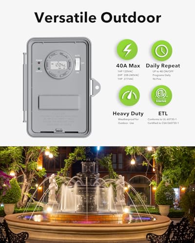BN-LINK Pool Pump Timer, Outdoor Timer Box, Heavy Duty, 2HP 40A Max, 120, 240, 277 VAC, for Pool Pump, Water Heater, Fans, SPA, ETL Listed (Digital) - style: Digital