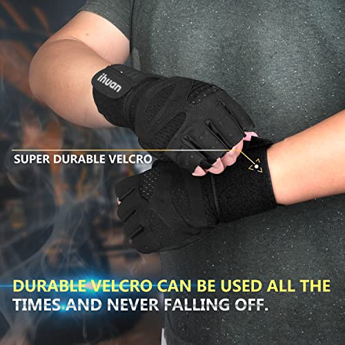 ihuan Ventilated Weight Lifting Gym Workout Gloves with Wrist Wrap Support for Men & Women, Full Palm Protection, for Weightlifting, Training, Fitness, Hanging, Pull ups - color: Black, size: X-Small