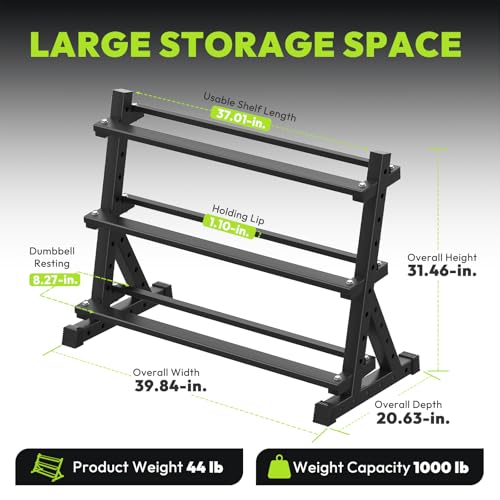 3-Tier Dumbbell & Kettlebell Rack Stand Only, 1000LB Capacity | Heavy Duty Weight Stand for Dumbbells, Space-Saving Metal Storage Organizer, Sturdy Dumbbell Holder for Home Gym