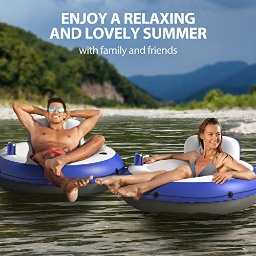 QPAU Inflatable River Tube, 0.4 mm Thickened Puncture-Resistant Heavy Duty River Float, River Raft with Ergonomic Backrest, Mesh Bottom & 2 Cup Holders for Adults and Friends Lake Float - color: D-Orange&Blue