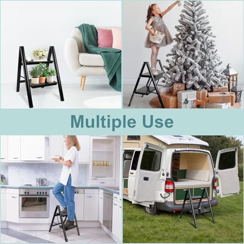 2 Step Ladder, Uoisihur Folding Step Stool with Wide Pedals, 330lbs | Foldable black step stool for kitchen, closet, RV, pantry, and home reach, anti-slip wide pedals, 17 in W x 25 in H