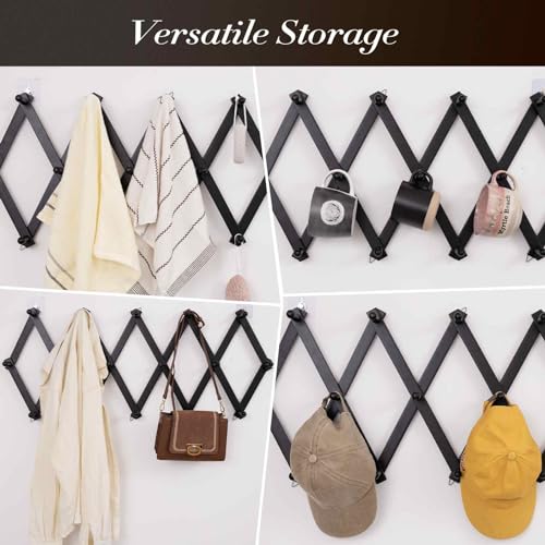 SCUNDA Wall Rack with 20 Hooks, Wooden Wall Expandable Coat Rack for Coat, Hats, Baseball Caps, Coffee Mug, Jewelry(Black) - color: Black, size: 20 Hooks