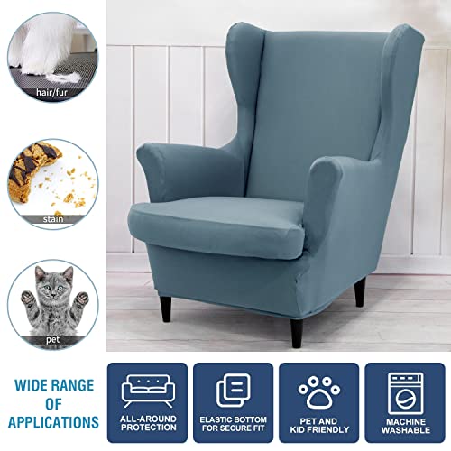 NILUOH Wingback Chair Cover 2-Piece Soft Stretch Wing Chair Slipcover Solid Color Armchair Sofa Couch Cover Furniture Protector with Elastic Bottom for Living Room Bedroom (Gray-Blue) - color: Gray-blue