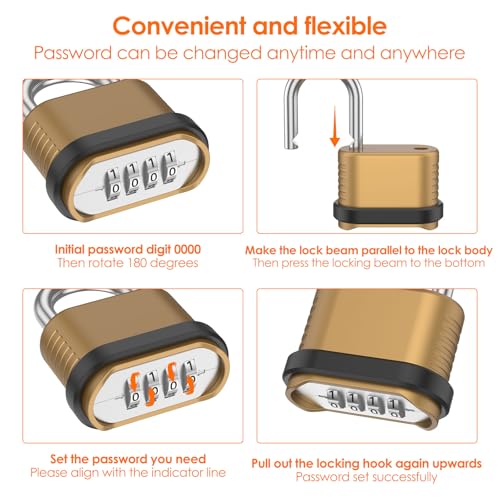6 Pack Heavy Duty Combination Lock Outdoor, 4-Digit Weatherproof Combo Lock | Resettable Brass Combination Padlock for Gate, Locker, Shed, Garage, Fence, Gym, Storage Unit - color: Gold