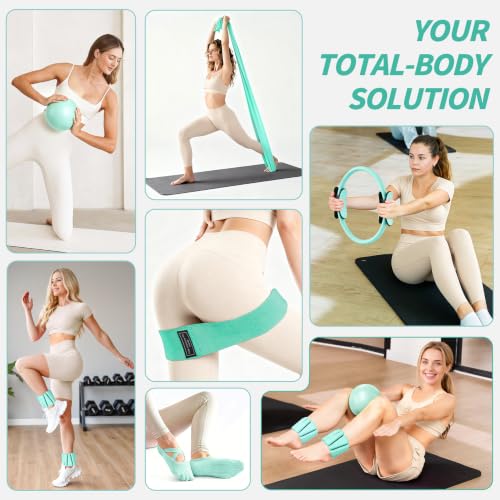 NANATI Pilates Kit, Home Pilates Workout Kit for Women, Pilates Equipment with 14.5" Pilates Ring and Ball, Resistance Bands, Ankle Weights, Sliders & Grip Socks for Home Workouts - color: Subtle Mint