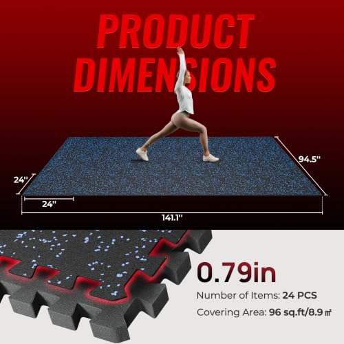 SUPERJARE 0.79'' Extra-Thick Exercise Equipment Mats, 24 Pcs 96 Sq Ft Rubber Top Floor Tiles with High Density EVA Foam, Interlocking Gym Flooring for Home Gym, Workout Mat, Black/Blue - size: 24 Tiles (96 Sq Ft)