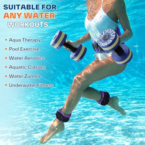 Sportneer Aquatic Exercise Equipment Water Aerobics Combo Set Includes High Density Water Weights Dumbbell Aqua Belt Water Ankle Weights for Pool Exercise Aquatic Therapy Pool Fitness Water Exercise - color: Purple, style: Aqua Fitness Set with 2lb Ankle