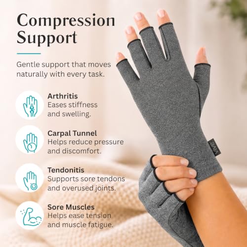 Vive Arthritis Gloves - Men, Women Rheumatoid Compression Hand Glove | Osteoarthritis- Arthritic Joint Pain Relief - Carpal Tunnel Wrist Support - Open Finger, Fingerless Thumb for Computer Typing - color: Grey, size: X-Small
