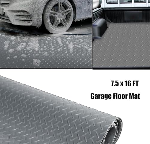 7.5x16FT Rubber Garage Floor Mat Roll, 2.8mm Thickness, Diamond Plate | PVC Flooring Roll Mat, Parking Mat Waterproof Nonslip, For Gym & Warehouse, Trailer Use - size: 7.5 X 16FT