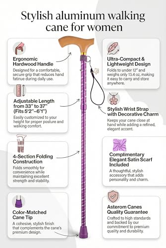 Asterom Canes for Women - Foldable, Adjustable, Collapsible - Fashionable Walking Cane for Women, Wooden Handle - color: Purple