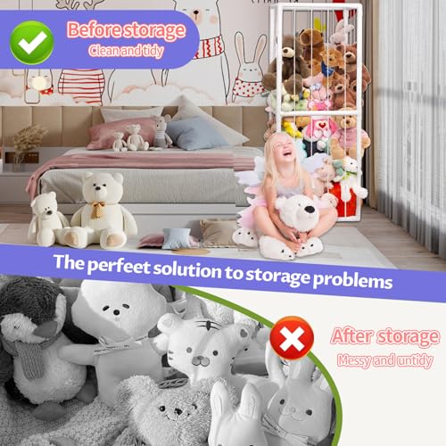 Stuffed Animal Storage, Kids Toy Zoo Storage Organizer with Elastic Band, Thicken PVC Tube Large Stuffed Animals Holder for Nursery Playroom Bedroom Room Furniture Plush Storage(White) - color: White