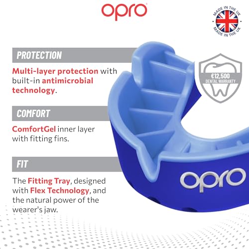 OPRO Silver Level Moldable Mouth Guard Essential Fit (Dark Blue/Blue) Adult & Kids Boxing Mouthguard for MMA & Impact Sports, Self-Fit Mouth Guard for Sports, Football & Hockey - Includes Case - color: Dark Blue/Blue, size: Adult (Age 10+)