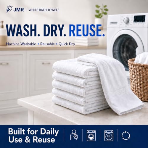 JMR White Bath Towels Bulk Pack of 36 (24x48) - 100% Cotton Lightweight & Quick-Dry Cotton Towels for Hotel, Rental Properties, Gym & Commercial Use - color: White-36 Pcs, size: 24X48