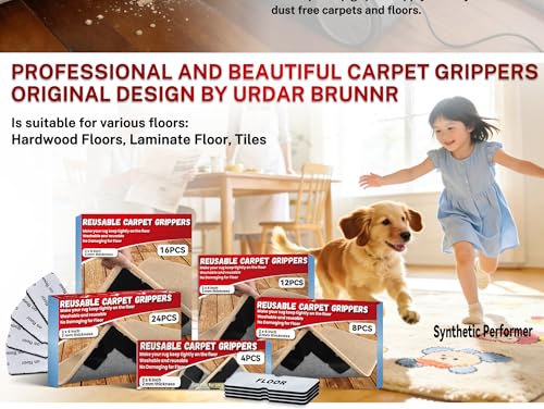 Rug Carpet Non Slip Grippers, Reusable Rug Tape Pads, No Damaging for Hardwood Floors, Strong Hold Carpet Corner Stickers for Area Rugs Flat, Removable, 8Pcs