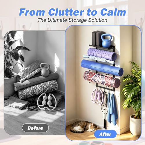 Yoga Mat Holder Wall Mount for Home Gym Accessories Storage | Yoga Mat Storage Rack & Organizer with Metal Shelf and 5 Hooks for Strap, Resistance Bands - Space Saving Gym Accessories