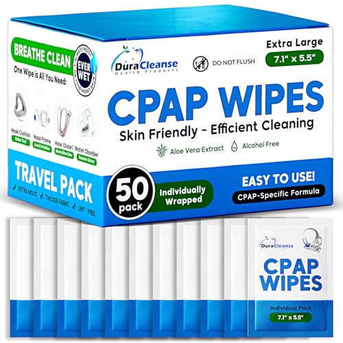 Dura Cleanse Extra Large, Extra Moist Cleaning Wipes for Full Face, Nasal Masks - 50 CPAP Travel Wipes - Unscented Cleaner for Sleep Machine, Supplies and Accessories - size: 50 Count (Travel Pack)