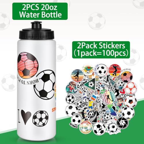 Soccer Party Favors, 2 Pack Soccer Water Bottles with 200 PCS Stickers | 20oz Sports Squeeze Bottle & Soccer Stickers, BPA-Free Reusable Water Bottles Bulk for Boys, Gifts For Team - style: 3# 2 Pack-Soccer