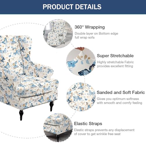 NILUOH Wingback Chair Slipcover 2 Pieces, Stretch Spandex Wingback Chair Covers Washable Slipcover for Wingback Armchairs Non-Slip Furniture Protector with Elastic Bottom for Living Room - color: Butterfly