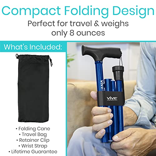 Vive Folding Cane - Foldable Walking Cane for Men, Women - Fold-up, Collapsible, Lightweight, Adjustable, Portable Hand Walking Stick - Balancing Mobility Aid - Sleek, Comfortable - color: Blue