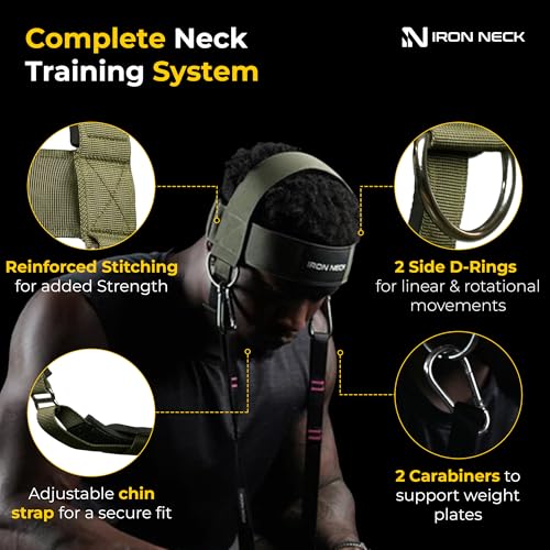 Iron Neck , Versatile Neck Exerciser, Strengthener and Trainer with Adjustable Head and Chin Strap, Portable Head Harness for Weight Lifting, Home and Gym Use - color: Olive Green - Classic Harness