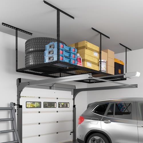 FLEXIMOUNTS 4x8 Overhead Garage Storage Rack, Adjustable Organization System, Heavy-Duty Metal Ceiling Racks, 750lbs Weight Capacity, Hammertone, Classic Series - color: Hammertone, size: 4x8 ft