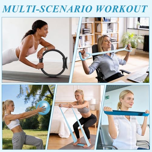 Pilates Ring and Small Ball Set for Women with 5 Resistance Bands, 14 inch Magic Circle Home Workout Essentials Starter Kit for Beginners, Yoga Sets for Full Body Toning Shape - color: Blue