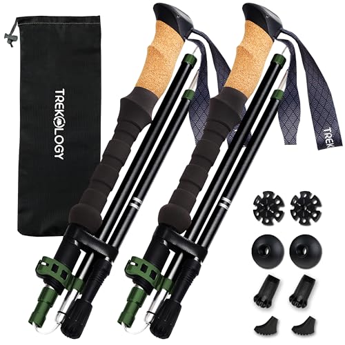 TREKOLOGY Trek-Z Cork Grip Trekking Poles – Lightweight Folding Hiking Poles, Adjustable Height, Compact Travel Design, Aircraft-Grade Aluminum Walking Sticks for Men & Women - color: Black with Green