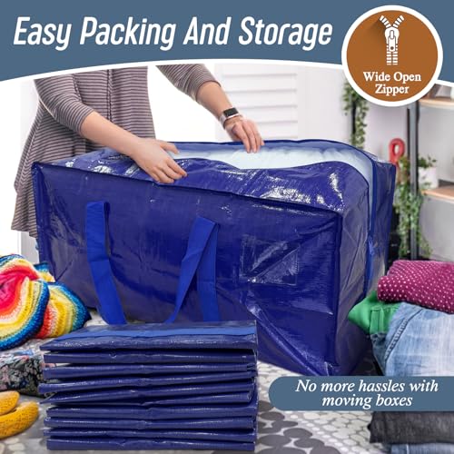 12 Pack Extra Heavy Duty Large Moving Bags with Strong Zipper & Comfortable Handles, Sturdy & Durable Clothes Storage Bags Totes Bins, Packing Moving Boxes for College Supplies, Blue - color: Blue, size: 12 Pack