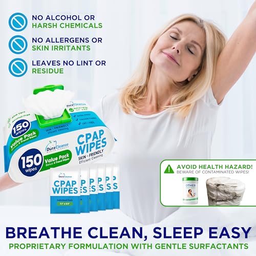 Dura Cleanse CPAP Mask Cleaning Wipes - 4 Pack, 4x150 Count + 24 Travel Sheets - Extra Large and Moist Cleaning Wipes for Full Face, Nasal Masks, CPAP Machines & Supplies - Skin Safe with Aloe Vera - size: 150 Count (Pack of 4)
