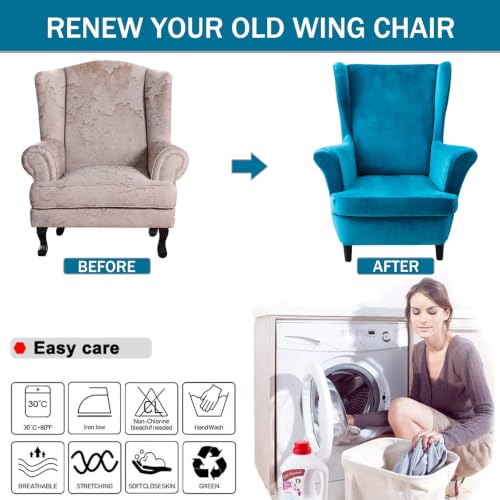 NILUOH Thick Velvet Wingback Chair Slipcovers 2-Piece, Stretch Wing Chair Covers Soft Sofa Slipcover Wing Back Armchair Cover Furniture Protector for Living Room - color: Cyan Blue