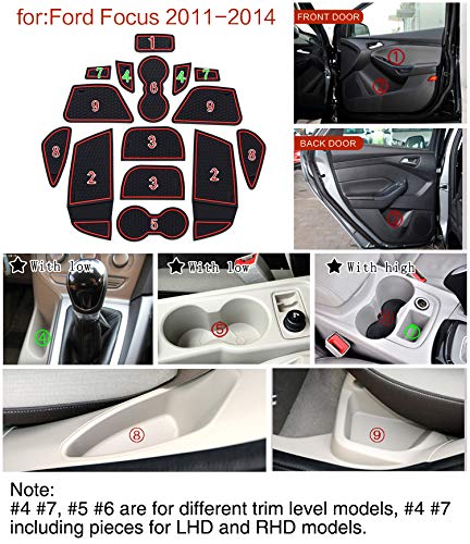 Dreamseek Interior Door Slot Mat Full Kits for Ford Focus 2012 2013 2014 Non-Slip Rubber Cup Holder Liner Insert Gate Groove Pad 15Pcs (Red)