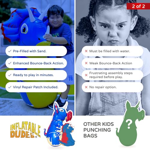 INFLATABLE DUDES Dinosaurs -Kids Punching Bag | Sand-Base | Bop Bag, Pre-filled with Sand, Inflatable Toy, Punching Bag for Kids, Enhanced Bounce-Back Action, Indoor/Outdoor - color: Blue Triceratops | Pre-filled with Sand
