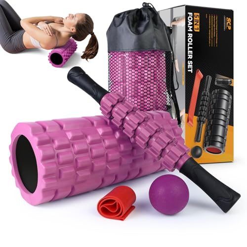 5 in 1 Foam Roller Set for Deep Tissue Muscle Massage, High Density Fitness Exercise Foam Roller, Massage Roller, Massage Ball, Resistance Band, for Whole Body (Pink-Black) - color: Pink-black