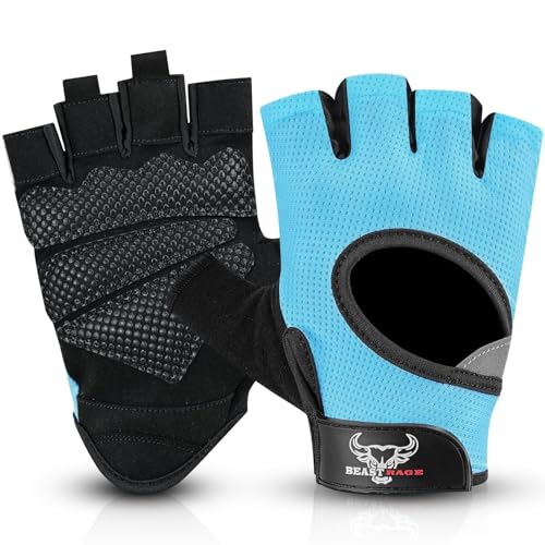 BEAST RAGE Fingerless Weight Lifting Gloves with Palm Protection Padding, Breathable Lightweight Gym Gloves for Men, Women, Weightlifting, Cycling, Exercise, Training Pull Up - color: Aqua, size: Medium