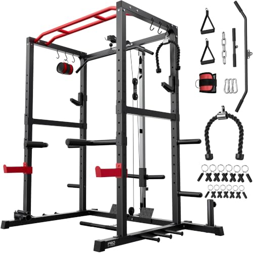 SPORTSROYALS Power Rack, Multi-Functional Power Cage, Squat Rack with Pulley System & LAT Pull Down, Workout Cage with J Hooks for Home Gym - color: Red, style: Power Cage Only