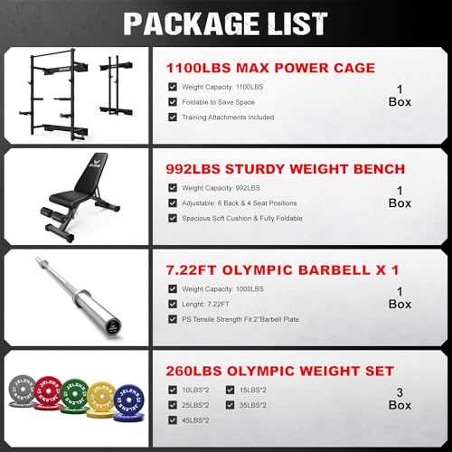 JELENS FS01 Folding Squat Rack, Wall Mounted Power Rack for Home Gym, Space Saving Multi-Functional Power Cage with More Attachments - color: Black, size: 260LB Colored Weights Package