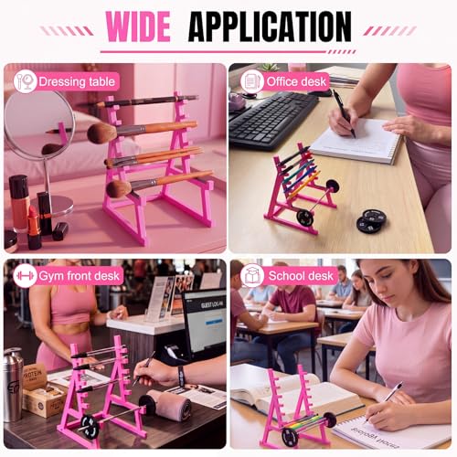 Gerrii Barbell Rack Pen Holder Squat Rack Pen Holder Hot Pink Mini Gym Design Fun Desk Decor with Weights & Barbells, Gift Cards for Gym Lovers Weightlifting Fans Trainers Office Decor