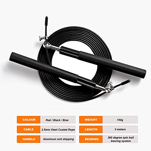 Speed Jump Rope - 360° Swivel Ball Bearing - Adjustable steel coated rope-Aluminum Anti Skipping Handle -Fitness Training Boxing Sports Exercises -Suitable for Kids and Adults - color: Black