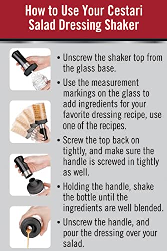 Cestari Glass Salad Dressing Bottle: Premium Borosilicate Salad Dressing Shaker with Mixer Insert | Leak Proof Salad Dressing Blender and Dispenser with Measurements and Recipes • Reusable Vinaigrette Cruet - color: Black