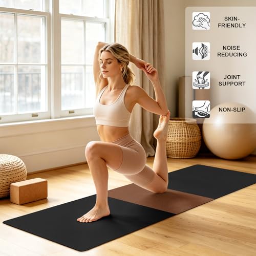 Yoga Mat Brown Black Non Slip Exercise Mat with Carrying Strap and Storage Bag Boho Style Fitness Mat for Yoga, Pilates, Stretching and Floor Workouts - color: Black, size: 72x24in
