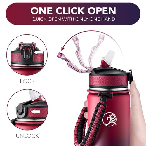GOSWAG 24oz Insulated Stainless Steel Travel Water Bottle, 2 Lids | with straw and no straw, Paracord handle, Double-wall vacuum keeps drinks cold or hot, Leakproof tumbler - color: Red-Blue Ombré