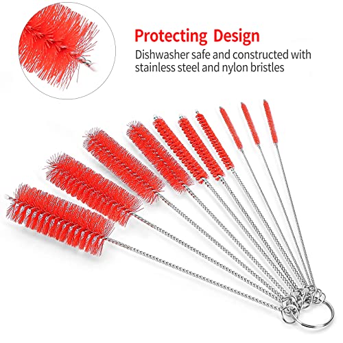 CiaraQ Bottle Cleaning Brushes, 8 Inch Nylon Tube Brush Set | Red Cleaner for Narrow Neck Bottles Cups with Hook, Set of 10pcs. - color: Red, size: 8.0 Inch (10pcs)