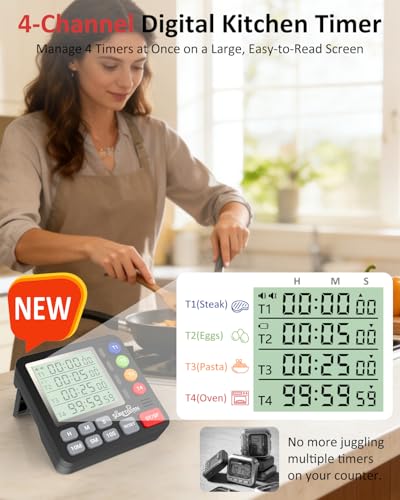 Digital Kitchen Timer with 4 Channel, Loud Alarm and Silent Mode | Magnetic Cooking Timer with Count Up & Countdown for Kids and Seniors, Large Display to Read, Auto Memory, Battery Included - color: Black