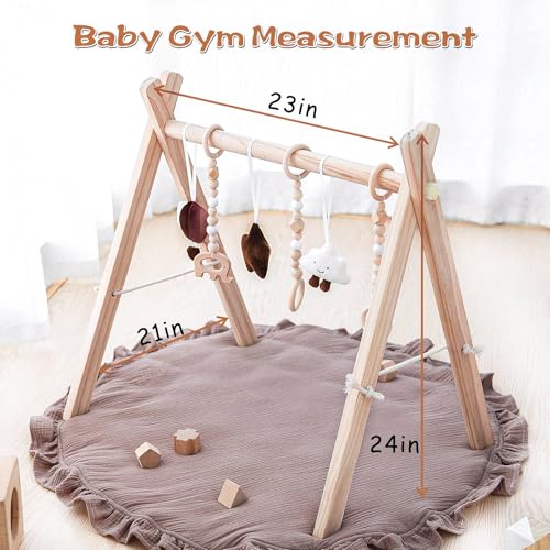 Wooden Baby Play Gym Play Mat Foldable with 6 Hanging Toys for Shower Gift | Baby Activity Frame Natural Pine Wood with 6 Sensory Toys Foldable Montessori Baby Gym with Cotton Mat Newborn Shower Gift